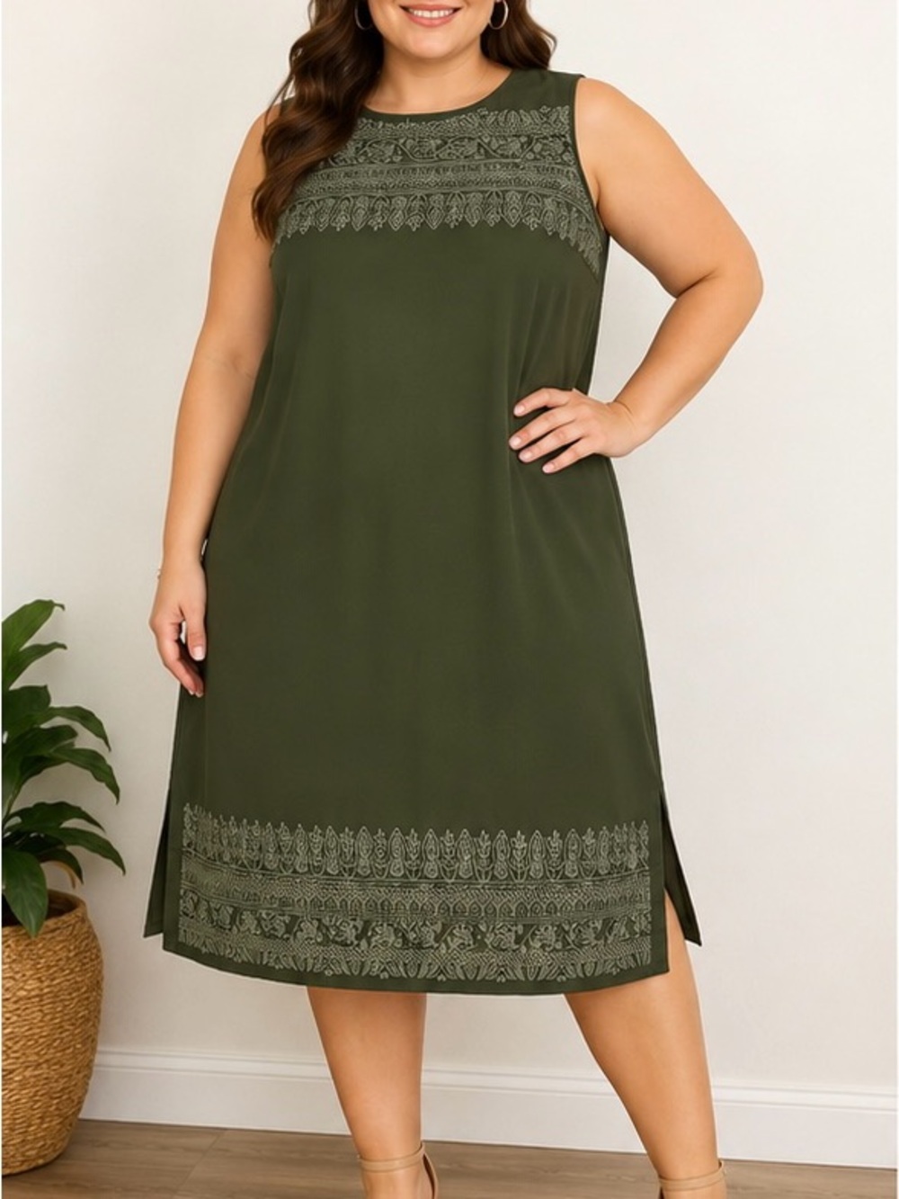 Kathy Lee Women Olive Embroidered Sleeveless Shift Dress Plus Size 26W/28W